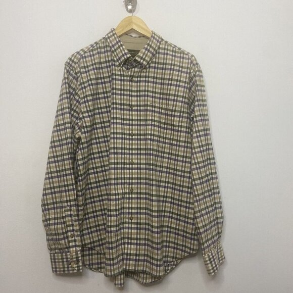 NWT Eddie Bauer Men L Check Beige Green Button Down Shirt Cotton - Picture 1 of 8